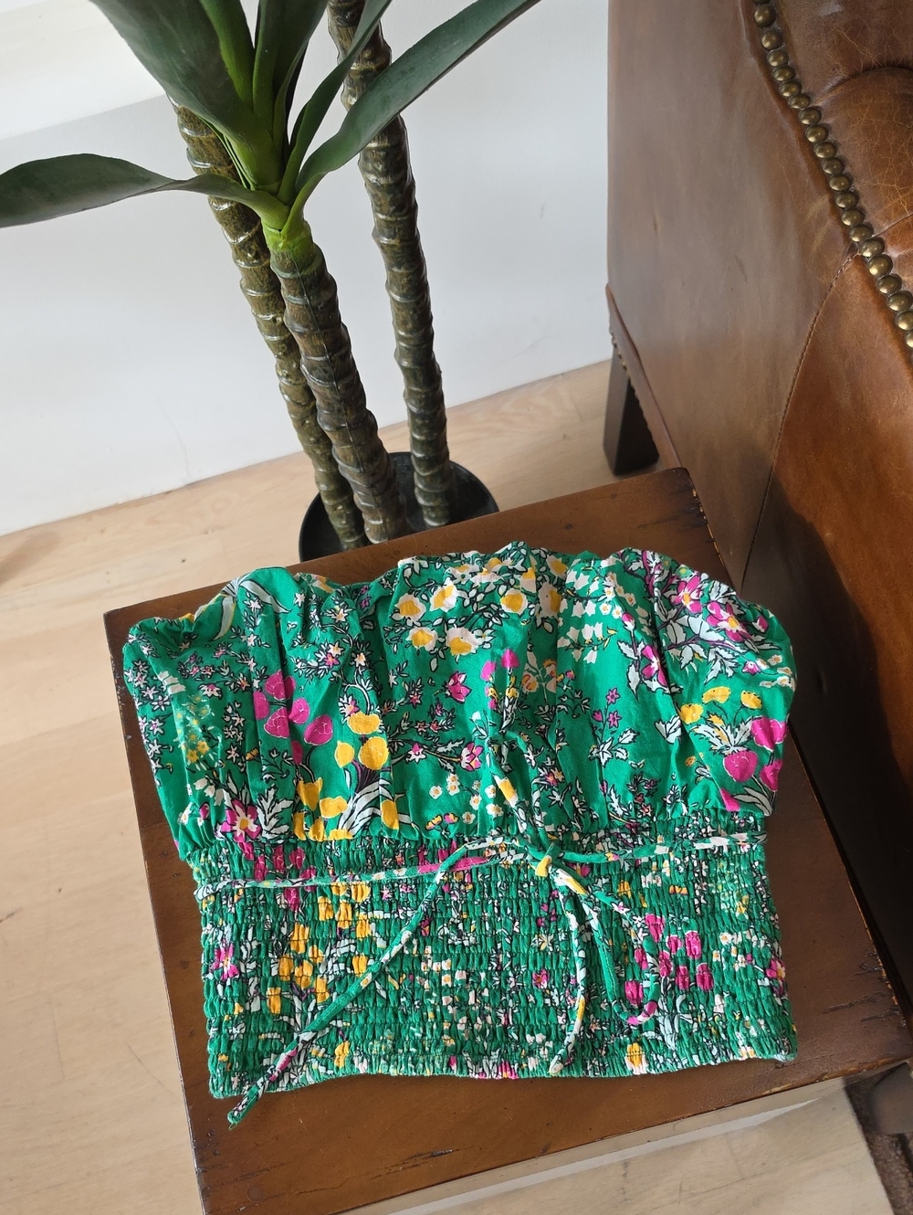Anthropologie Floral Smocked Crop Top in Green & Pink